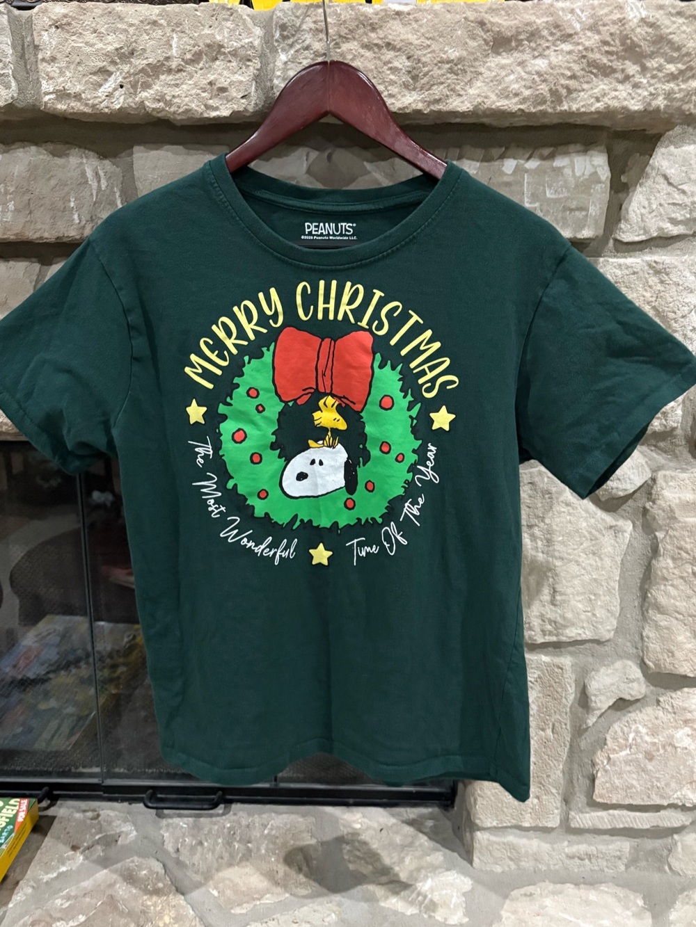 Peanuts Dark Green Holiday Snoopy & Woodstock Graphic Tee with Red Bow